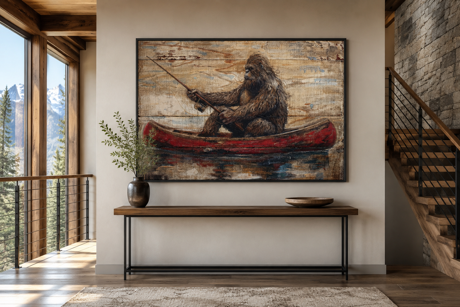 Bigfoot In Canoe Rustic Framed Canvas Wall Art For Cabin Or Man Cave Decor
