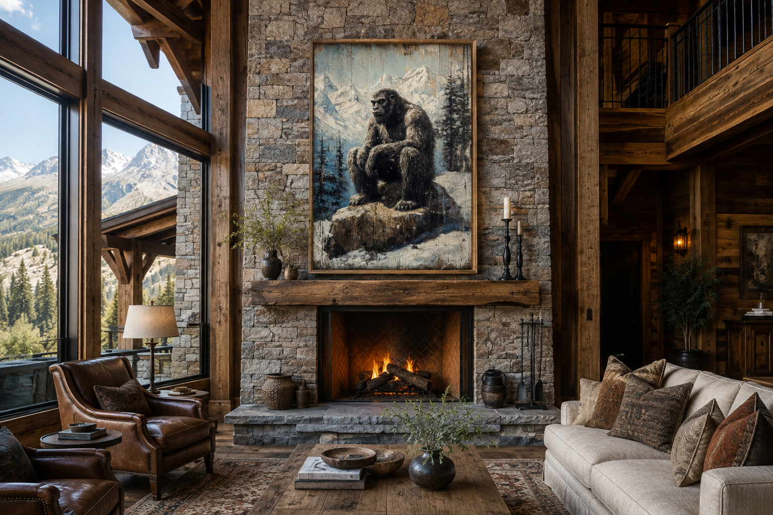 Bigfoot In Snowy Mountains Painting On Wood Framed Canvas Wall Art