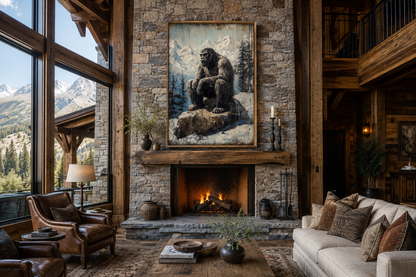 Bigfoot In Snowy Mountains Painting On Wood Framed Canvas Wall Art