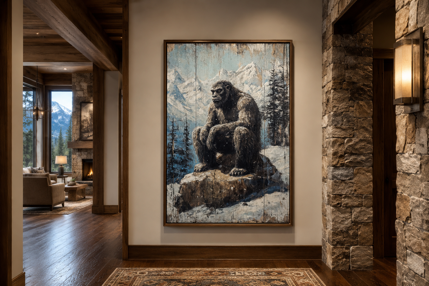 Bigfoot In Snowy Mountains Painting On Wood Framed Canvas Wall Art