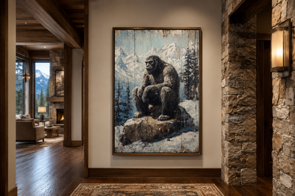 Bigfoot In Snowy Mountains Painting On Wood Framed Canvas Wall Art