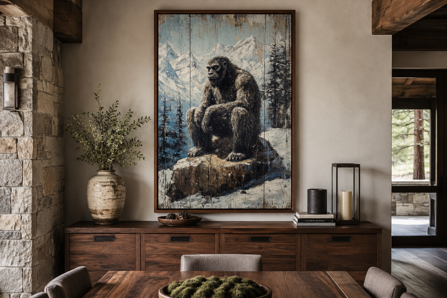 Bigfoot In Snowy Mountains Painting On Wood Framed Canvas Wall Art