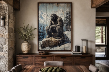 Bigfoot In Snowy Mountains Painting On Wood Framed Canvas Wall Art