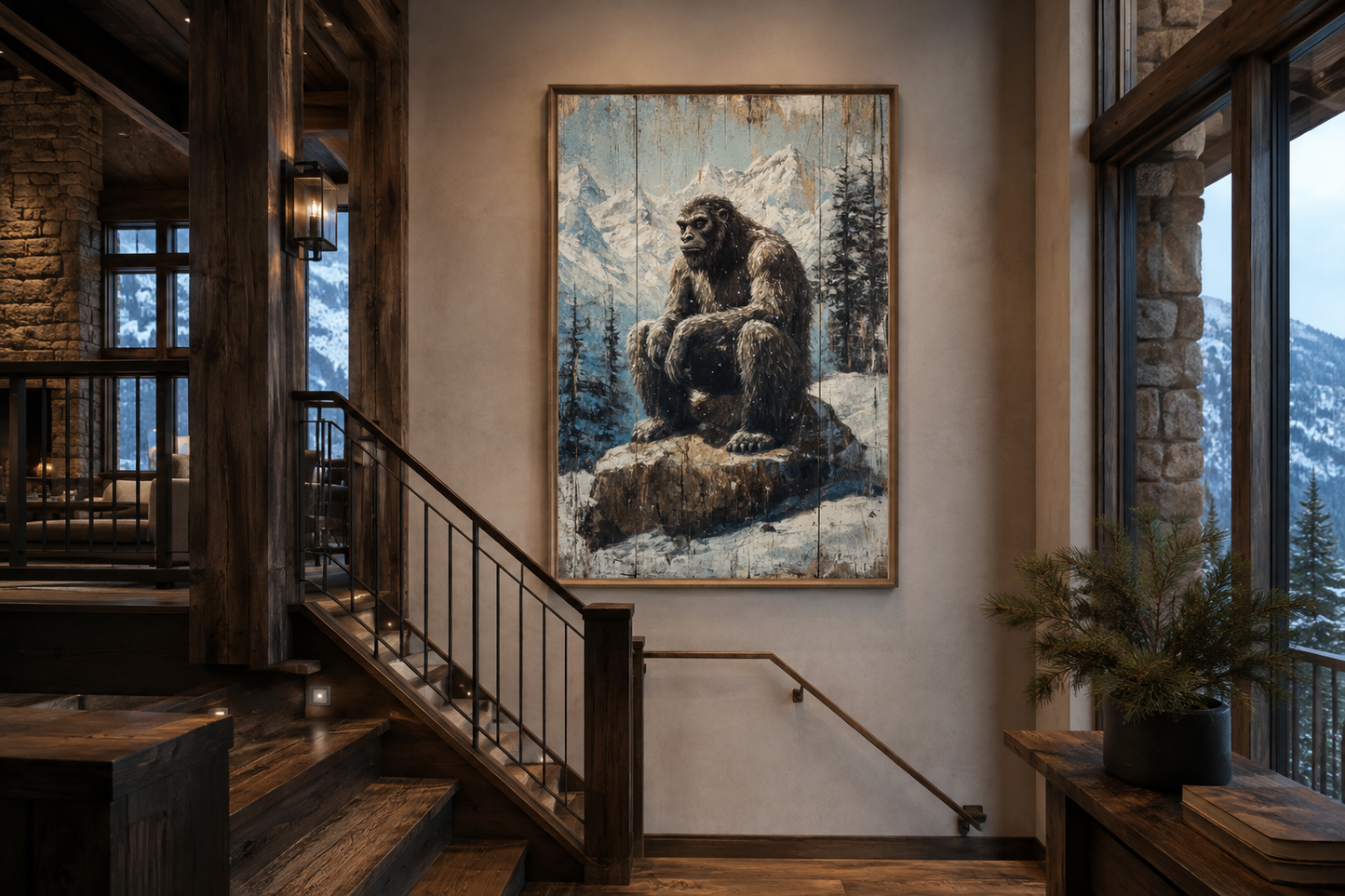 Bigfoot In Snowy Mountains Painting On Wood Framed Canvas Wall Art