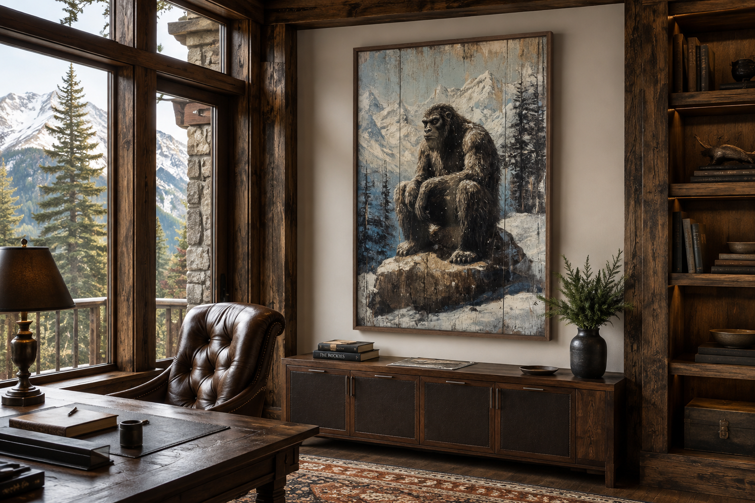 Bigfoot In Snowy Mountains Painting On Wood Framed Canvas Wall Art