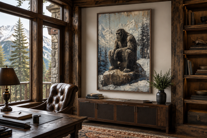 Bigfoot In Snowy Mountains Painting On Wood Framed Canvas Wall Art
