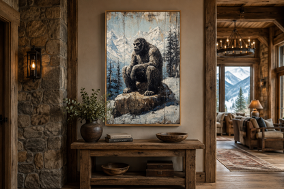 Bigfoot In Snowy Mountains Painting On Wood Framed Canvas Wall Art