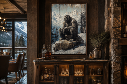 Bigfoot In Snowy Mountains Painting On Wood Framed Canvas Wall Art