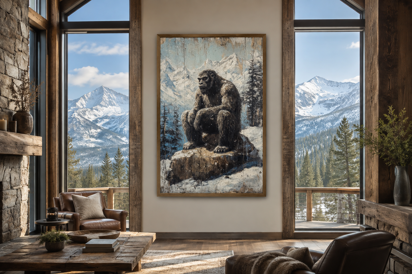 Bigfoot In Snowy Mountains Painting On Wood Framed Canvas Wall Art