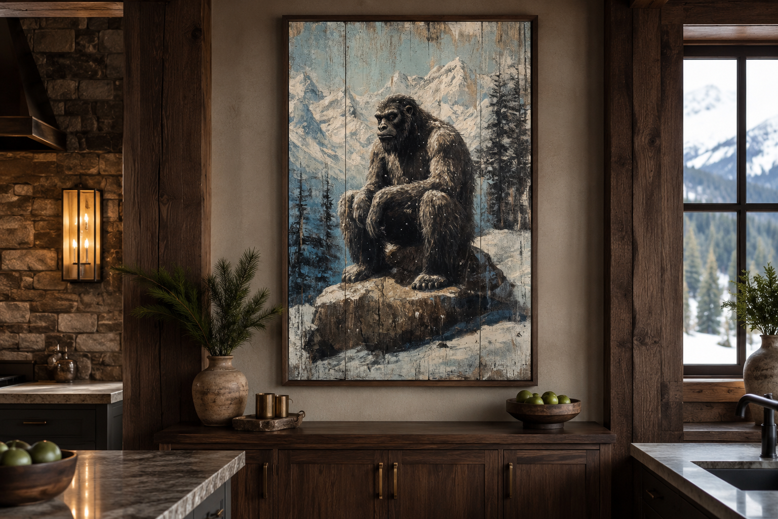 Bigfoot In Snowy Mountains Painting On Wood Framed Canvas Wall Art