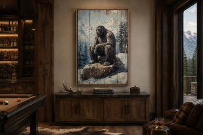 Bigfoot In Snowy Mountains Painting On Wood Framed Canvas Wall Art