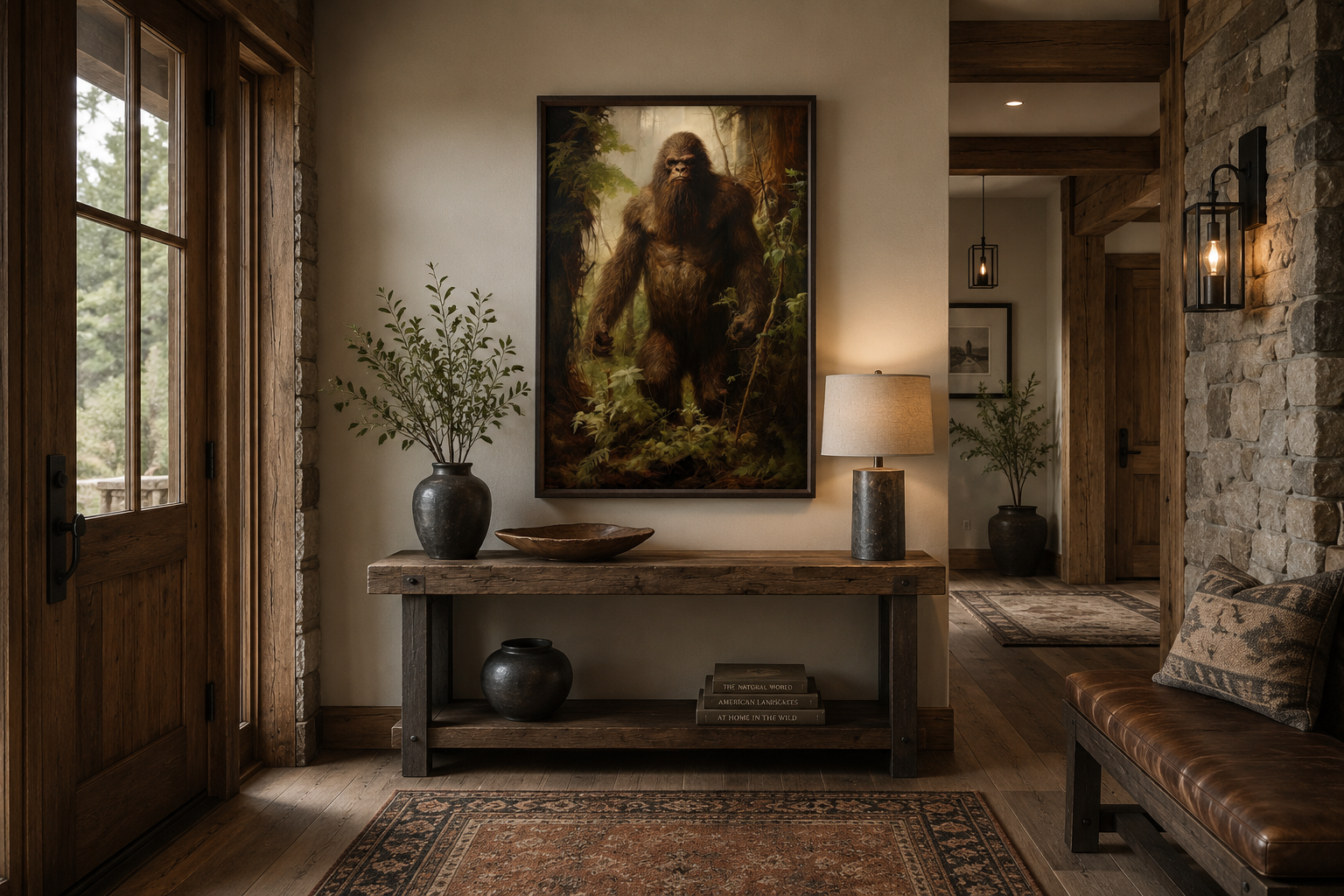 Bigfoot In The Forest Framed Canvas Wall Art For Man Cave Or Cabin Decor