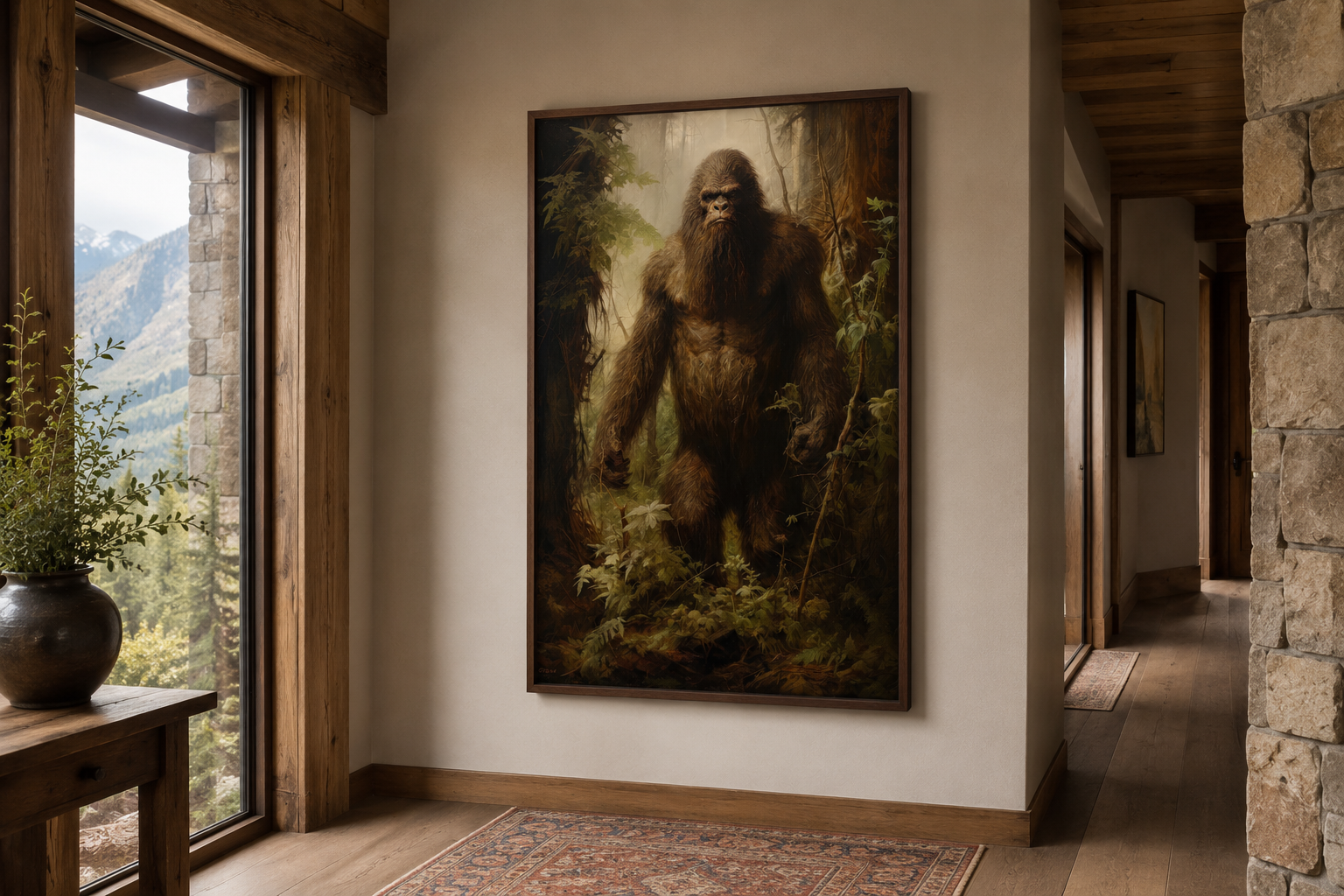 Bigfoot In The Forest Framed Canvas Wall Art For Man Cave Or Cabin Decor