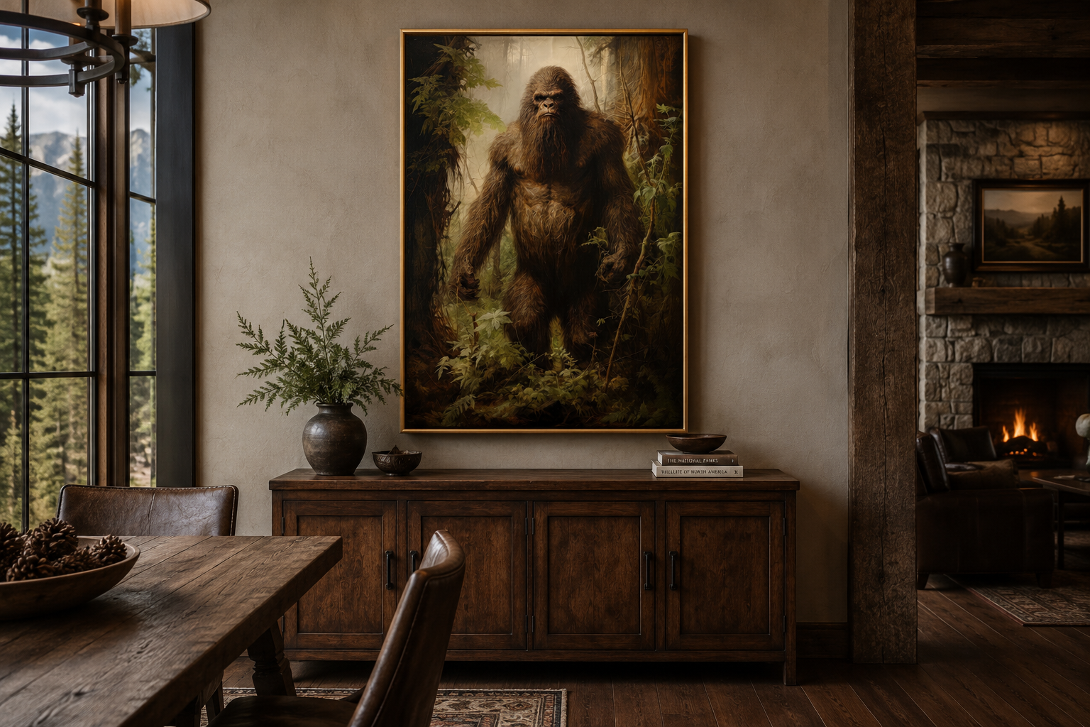 Bigfoot In The Forest Framed Canvas Wall Art For Man Cave Or Cabin Decor