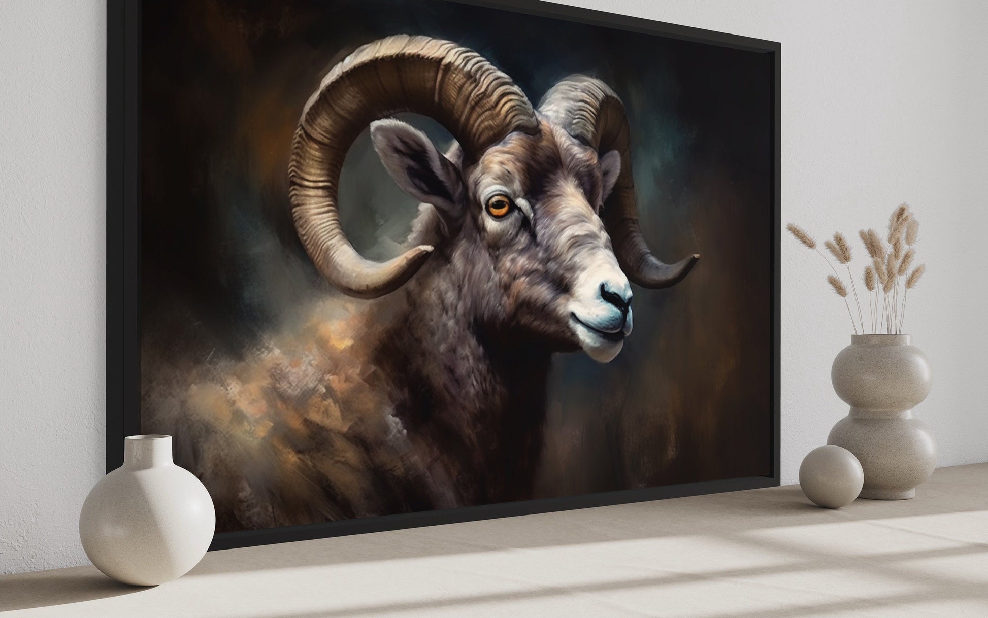 Bighorn Sheep Portrait Framed Canvas Wall Art
