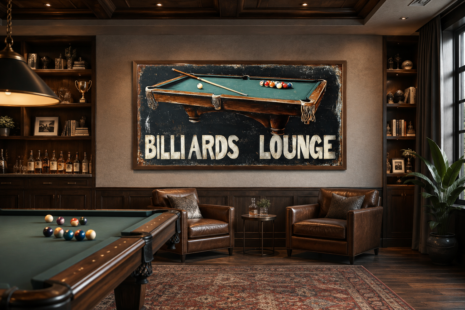 Billiards Room Sign - Billiards Lounge With Pool Table Painting Canvas Print