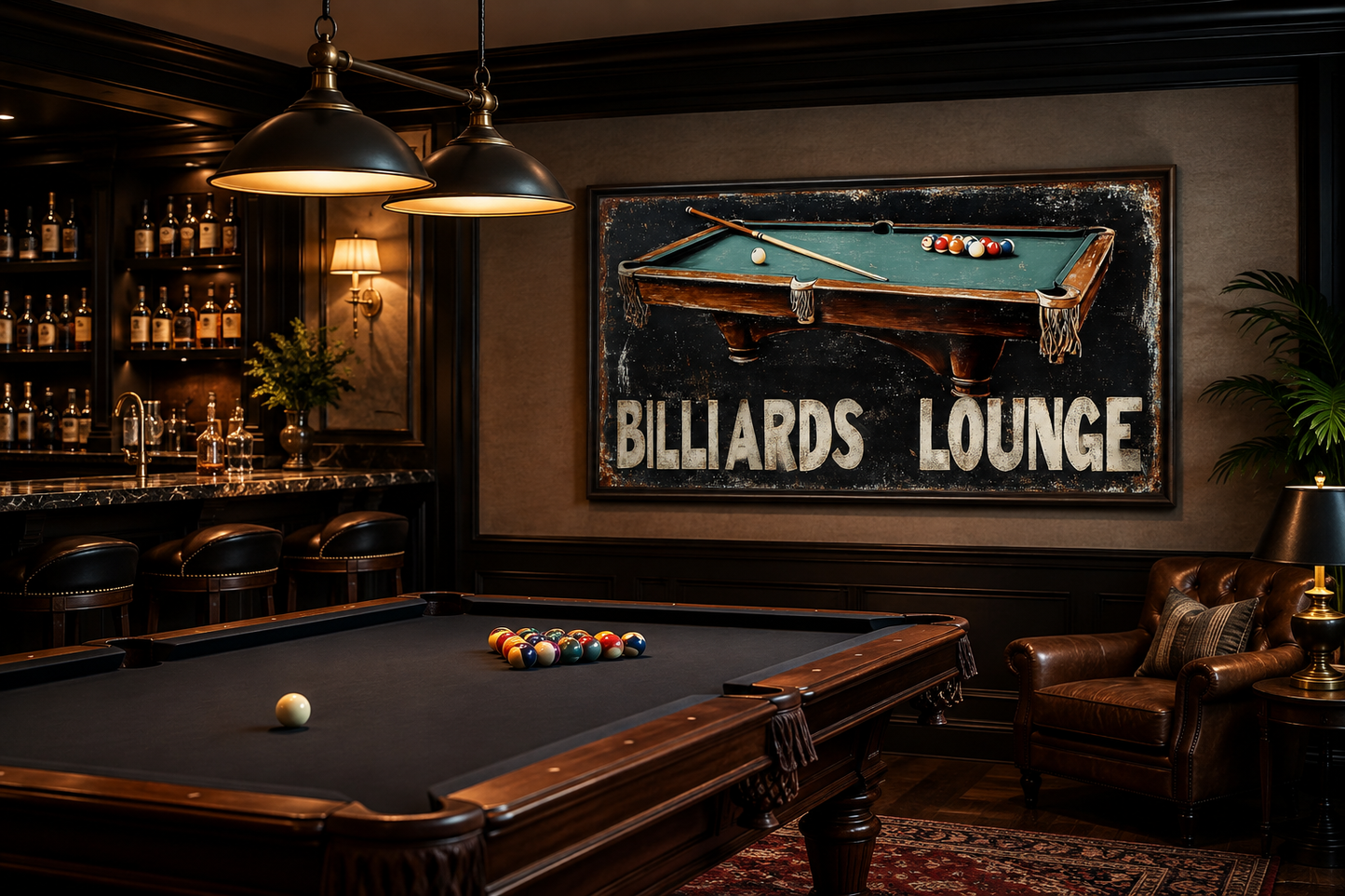 Billiards Room Sign - Billiards Lounge With Pool Table Painting Canvas Print