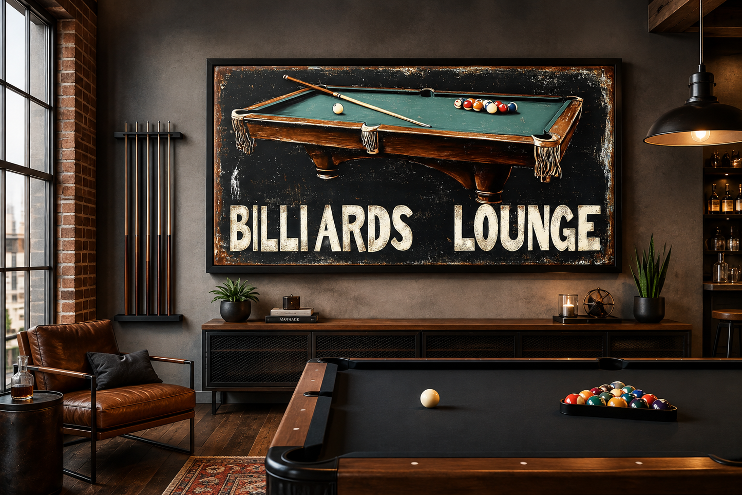 Billiards Room Sign - Billiards Lounge With Pool Table Painting Canvas Print