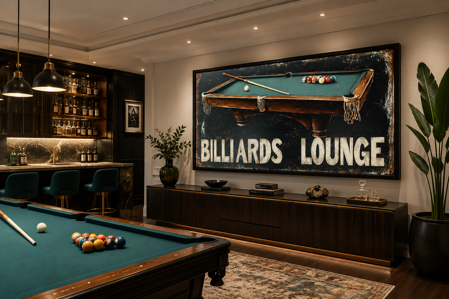 Billiards Room Sign - Billiards Lounge With Pool Table Painting Canvas Print