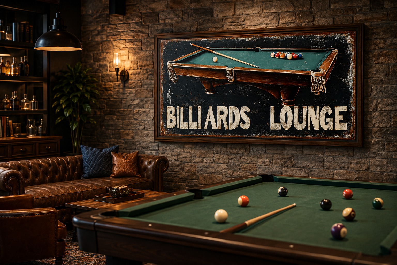 Billiards Room Sign - Billiards Lounge With Pool Table Painting Canvas Print