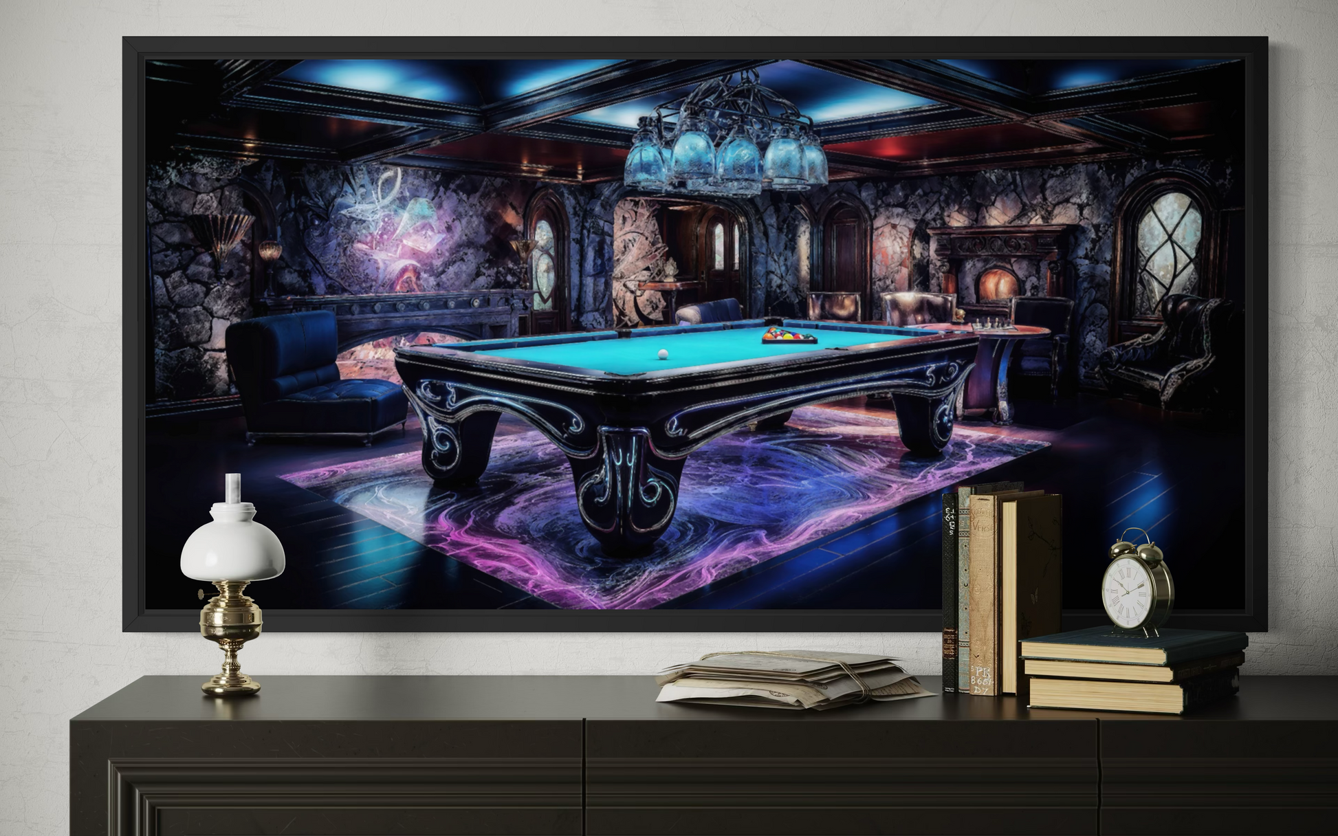 Billiards Neon Wall Art - Vibrant Pool Game Room Art | Framed Canvas Print