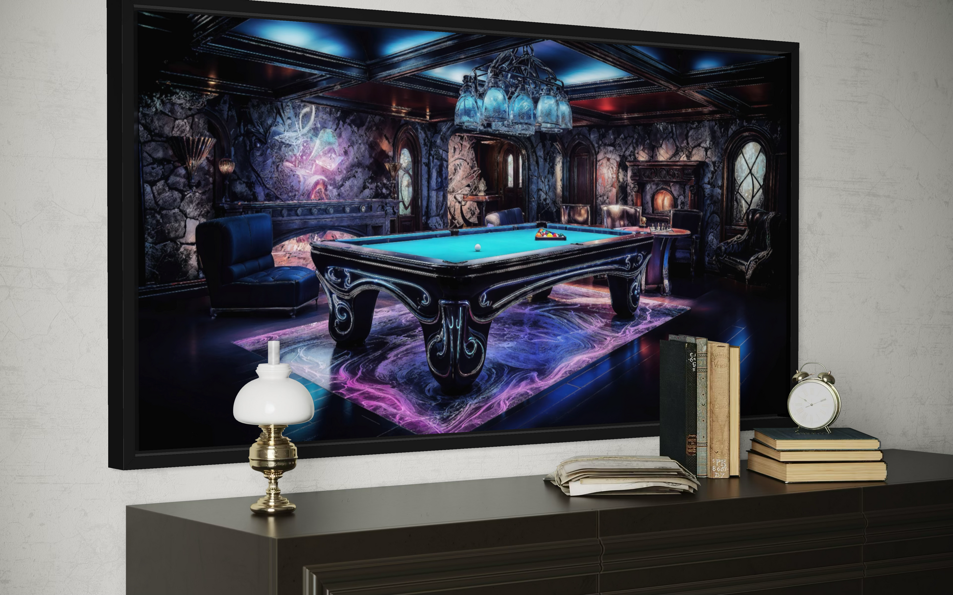 Billiards Neon Wall Art - Vibrant Pool Game Room Art | Framed Canvas Print