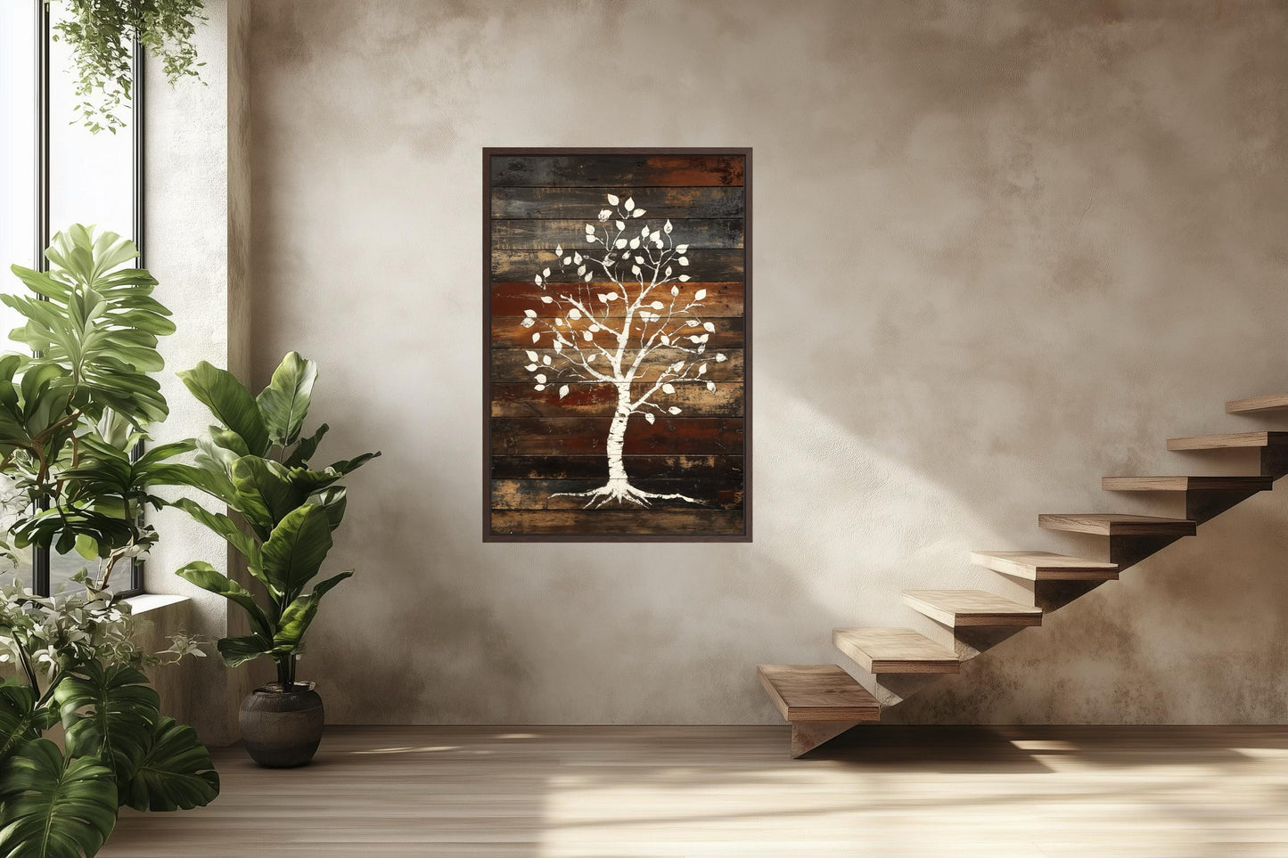 Birch Tree On Rustic Wood Planks Canvas Wall Art
