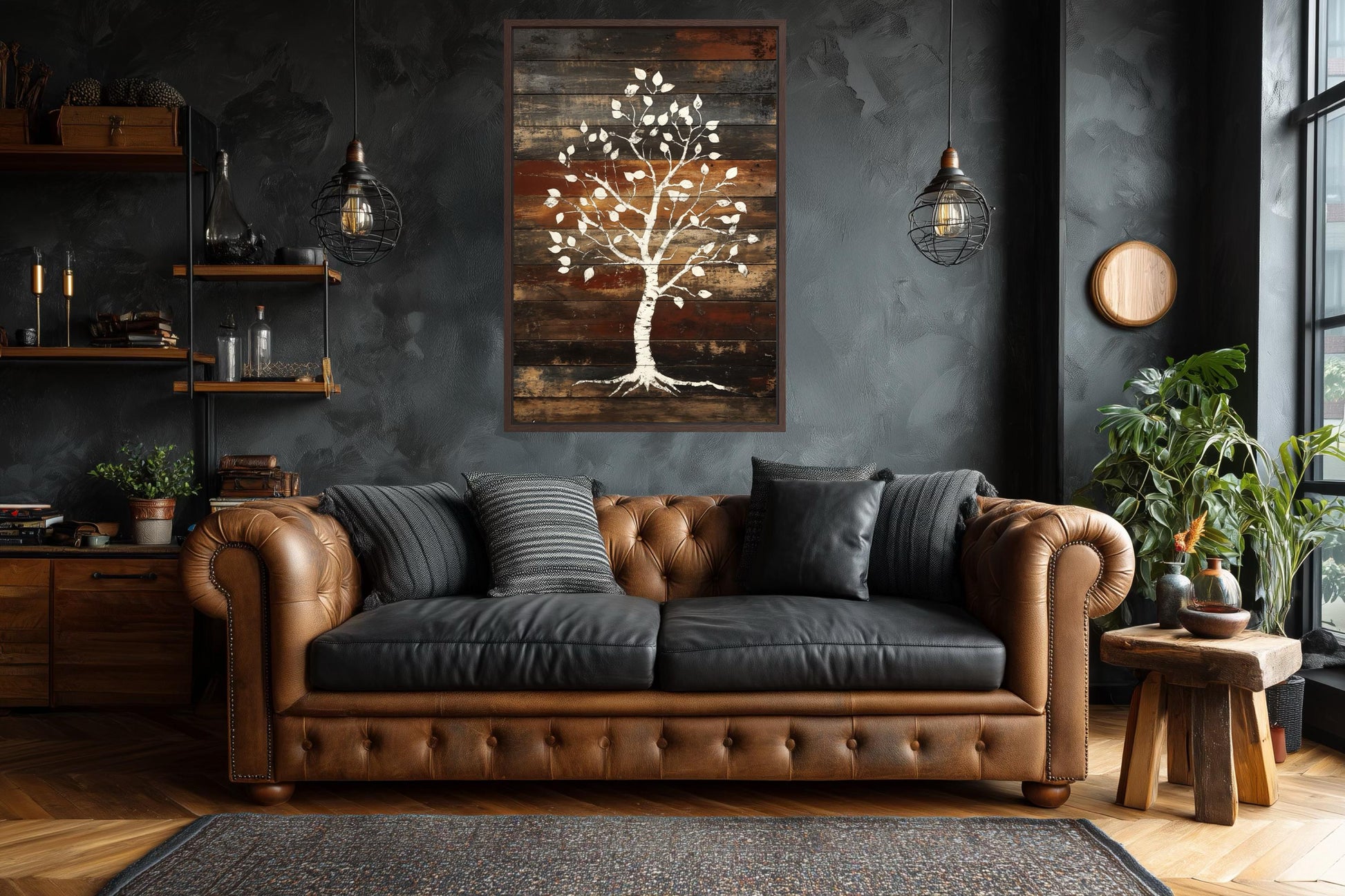 Birch Tree On Rustic Wood Planks Canvas Wall Art