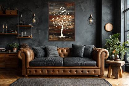 Birch Tree On Rustic Wood Planks Canvas Wall Art