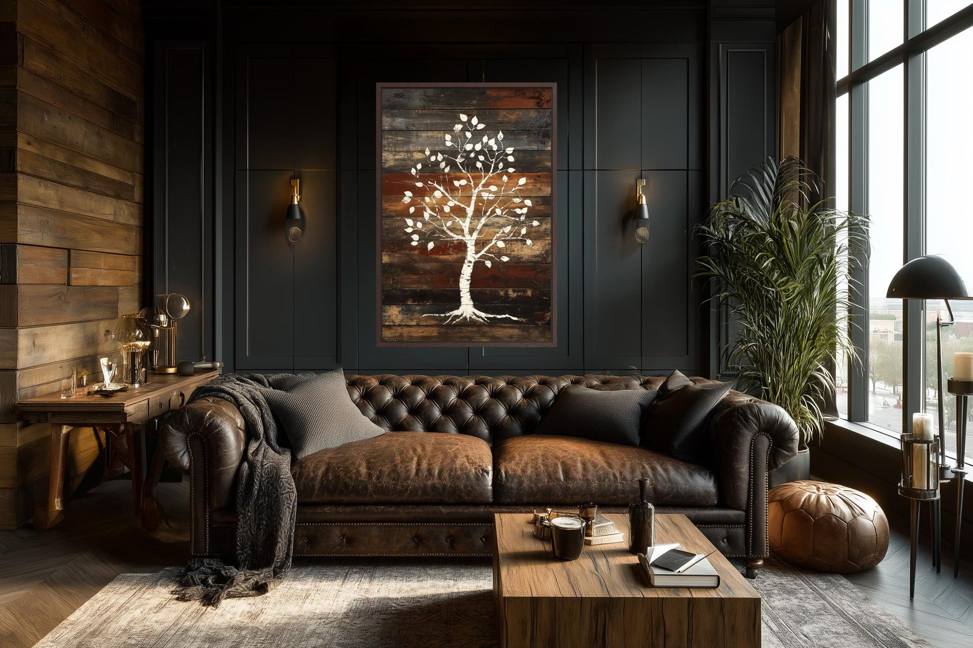 Birch Tree On Rustic Wood Planks Canvas Wall Art