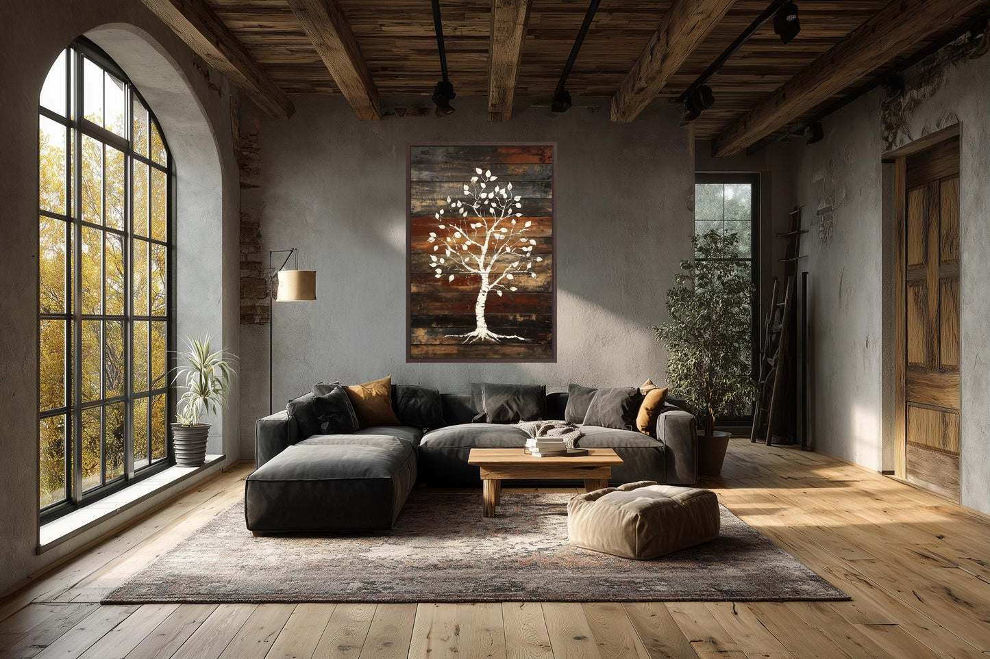 Birch Tree On Rustic Wood Planks Canvas Wall Art