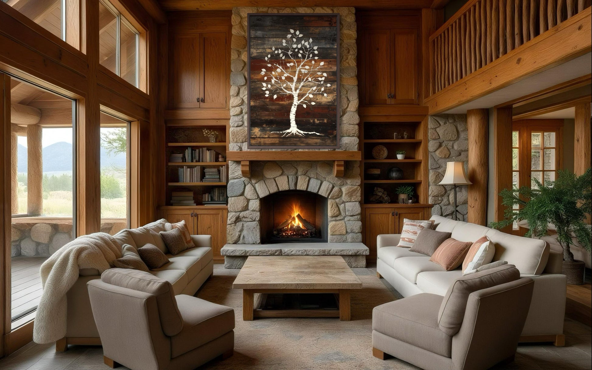 Birch Tree On Rustic Wood Planks Canvas Wall Art