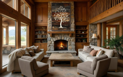 Birch Tree On Rustic Wood Planks Canvas Wall Art