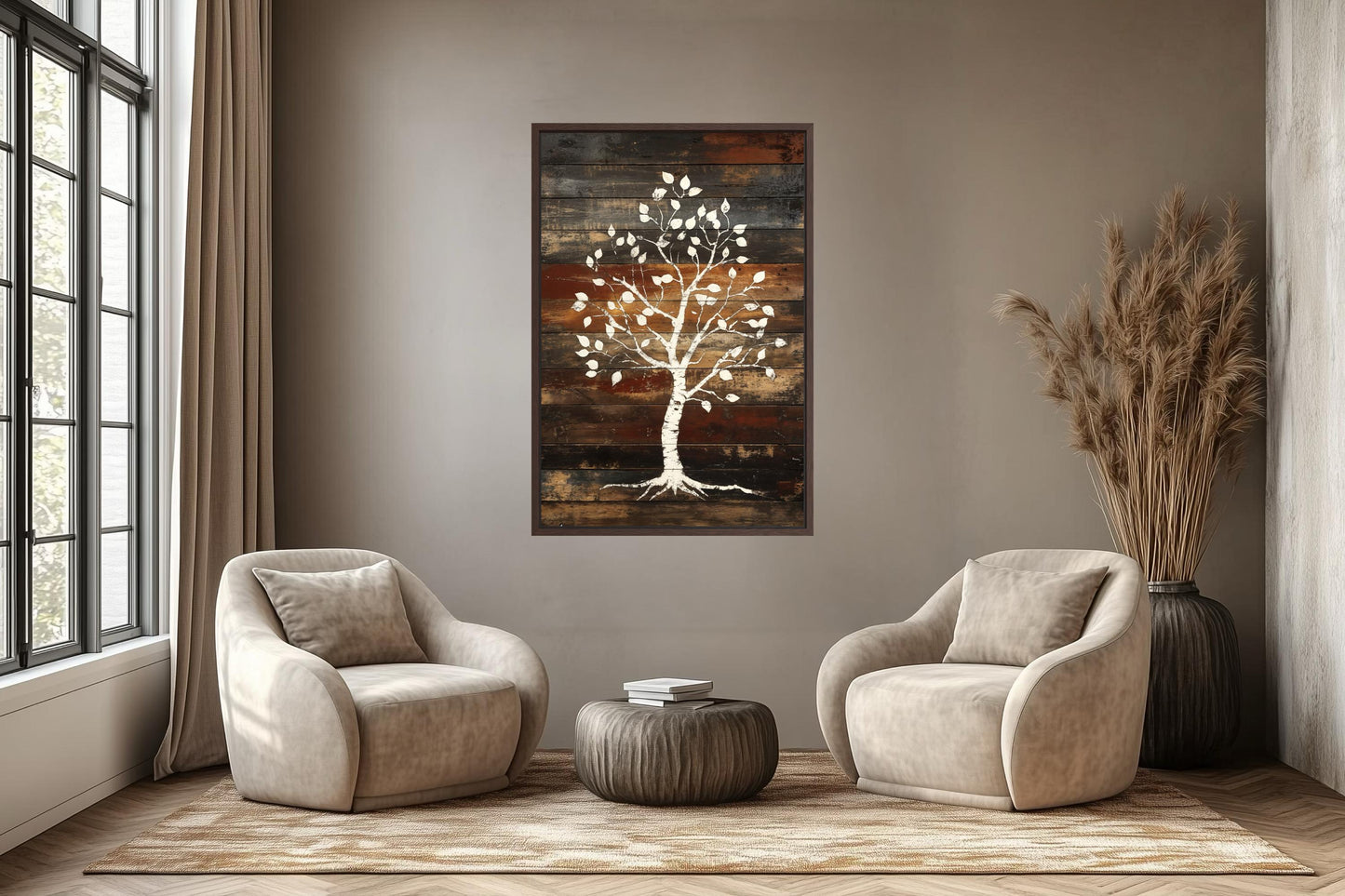 Birch Tree On Rustic Wood Planks Canvas Wall Art