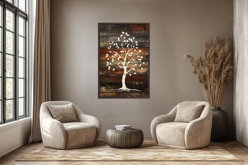 Birch Tree On Rustic Wood Planks Canvas Wall Art