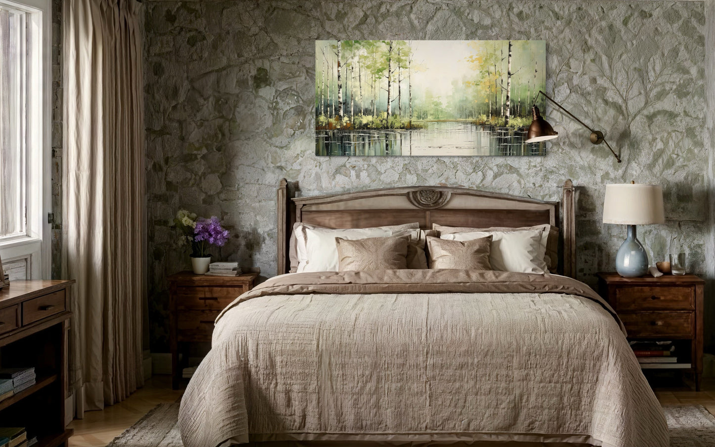 Birch Tree Wall Art - Rustic Framed Canvas Forest Painting for Living Room Decor