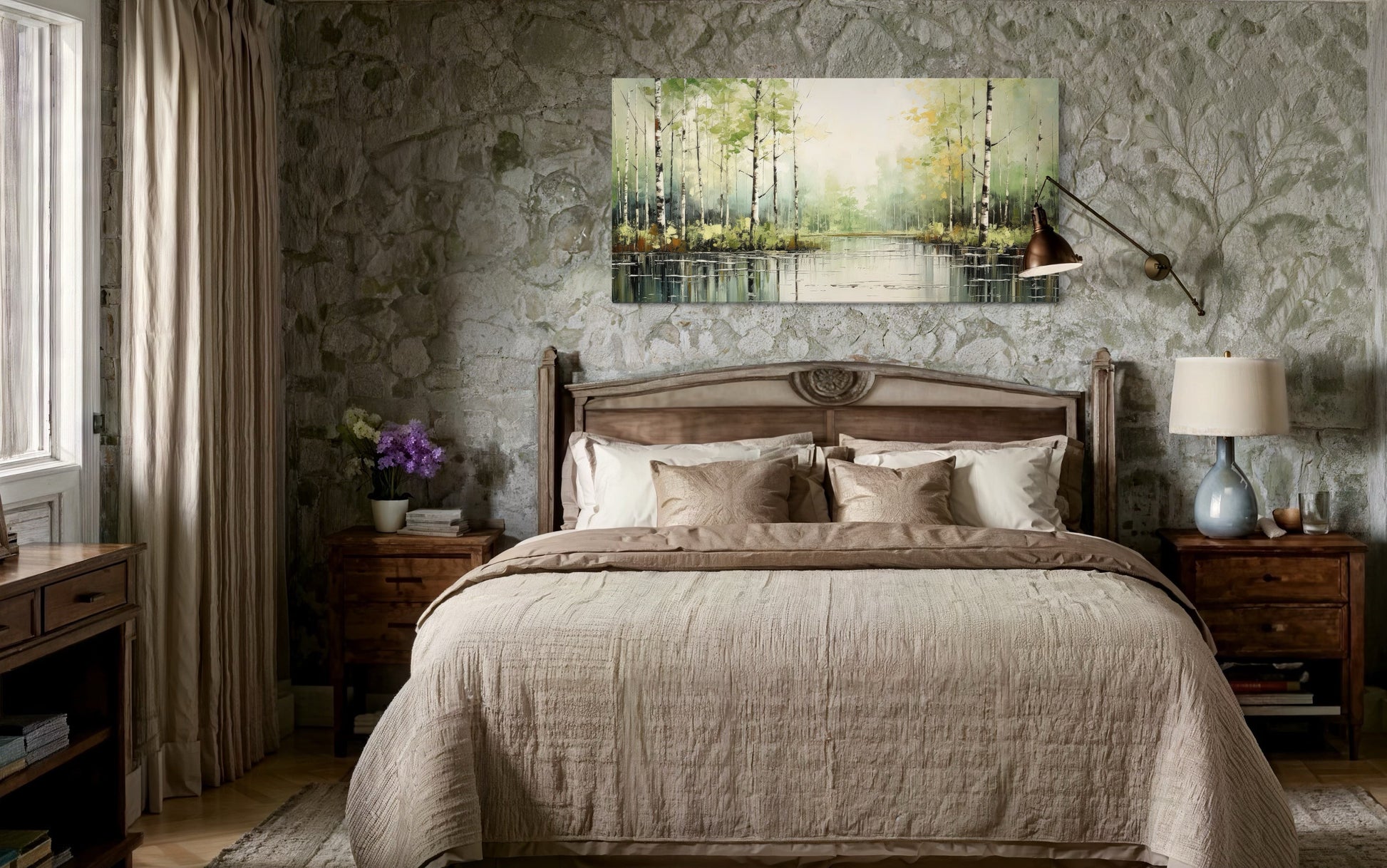 Birch Tree Wall Art - Rustic Framed Canvas Forest Painting for Living Room Decor