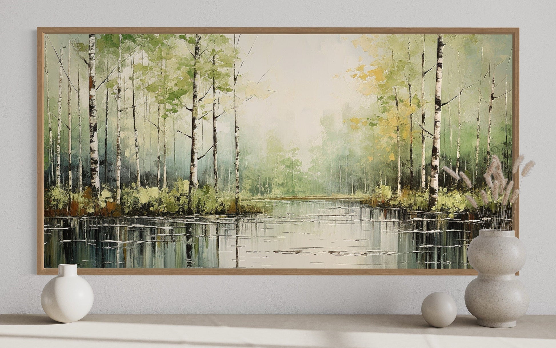 Birch Tree Wall Art - Rustic Framed Canvas Forest Painting for Living Room Decor