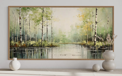Birch Tree Wall Art - Rustic Framed Canvas Forest Painting for Living Room Decor