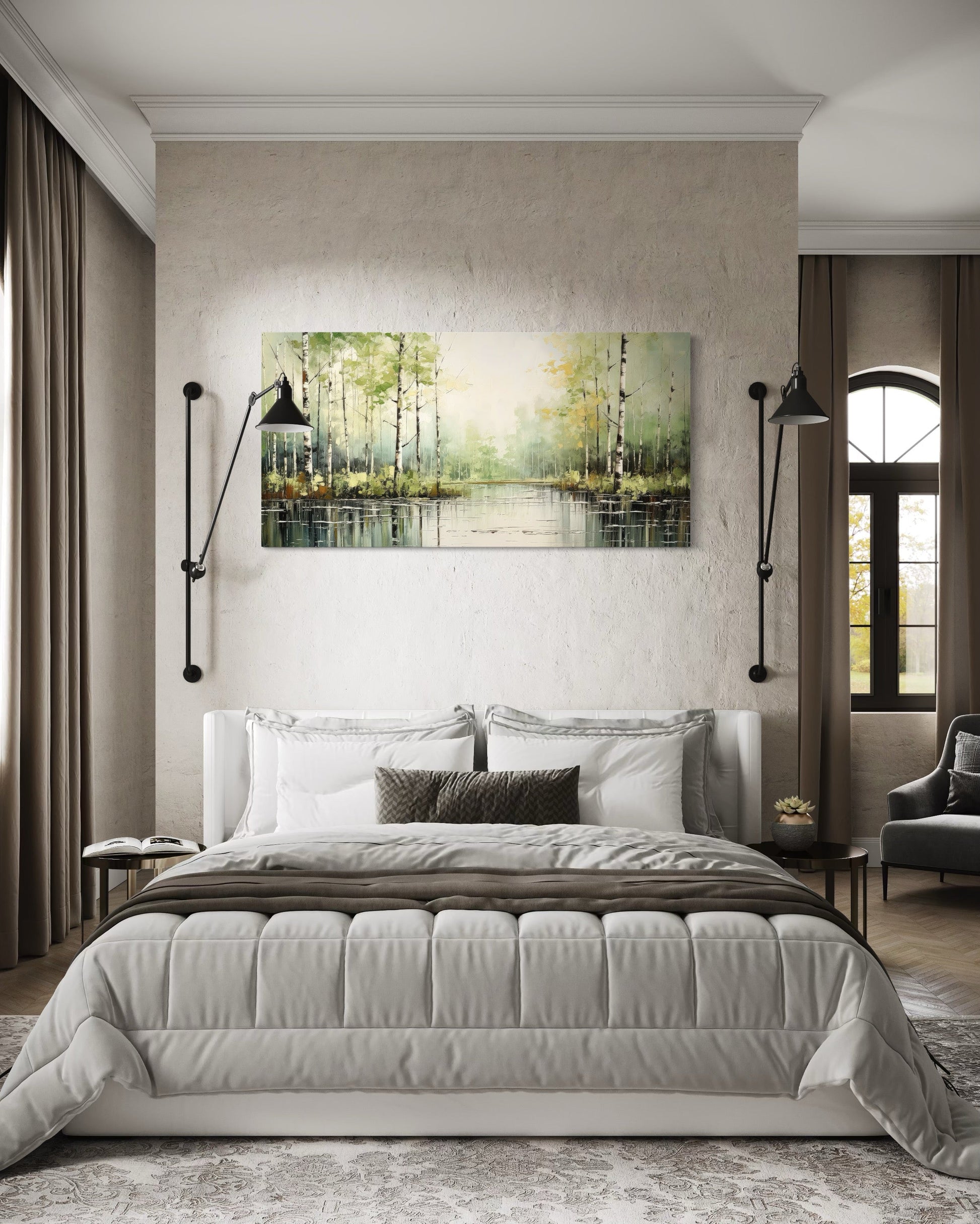 Birch Tree Wall Art - Rustic Framed Canvas Forest Painting for Living Room Decor