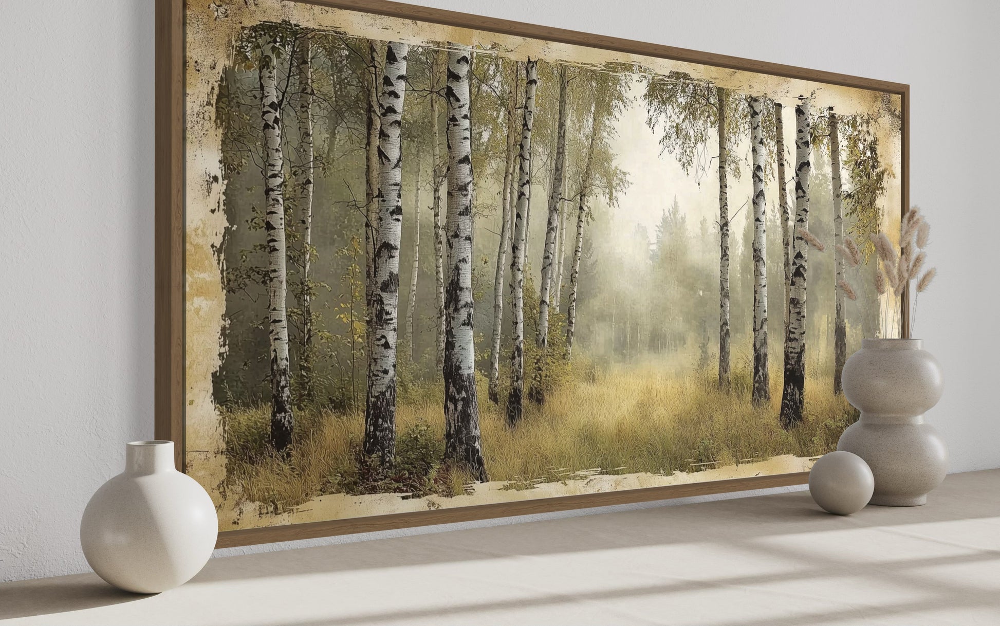 Birch Trees Forest In Summer Rustic Framed Canvas Wall Art