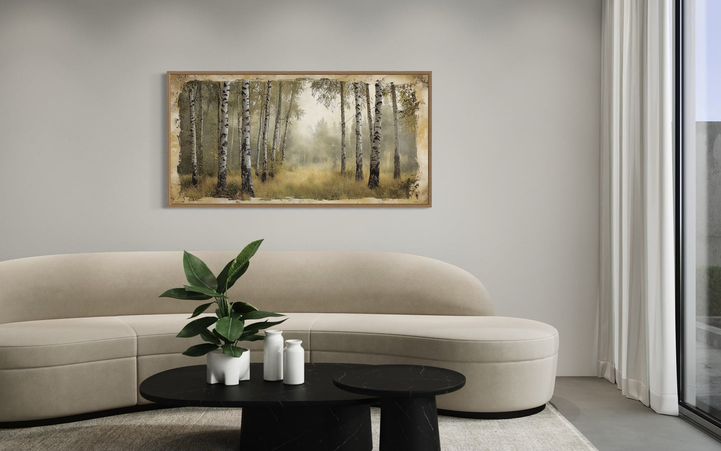 Birch Trees Forest In Summer Rustic Framed Canvas Wall Art
