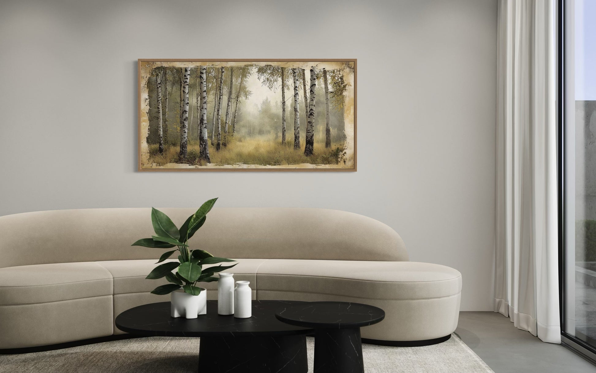 Birch Trees Forest In Summer Rustic Framed Canvas Wall Art