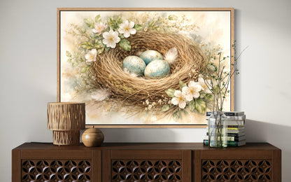 Bird Nest Wall Art – Easter Nest Canvas Print | Soft Pastel Spring Floral Decor
