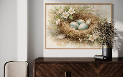 Bird Nest Wall Art – Easter Nest Canvas Print | Soft Pastel Spring Floral Decor