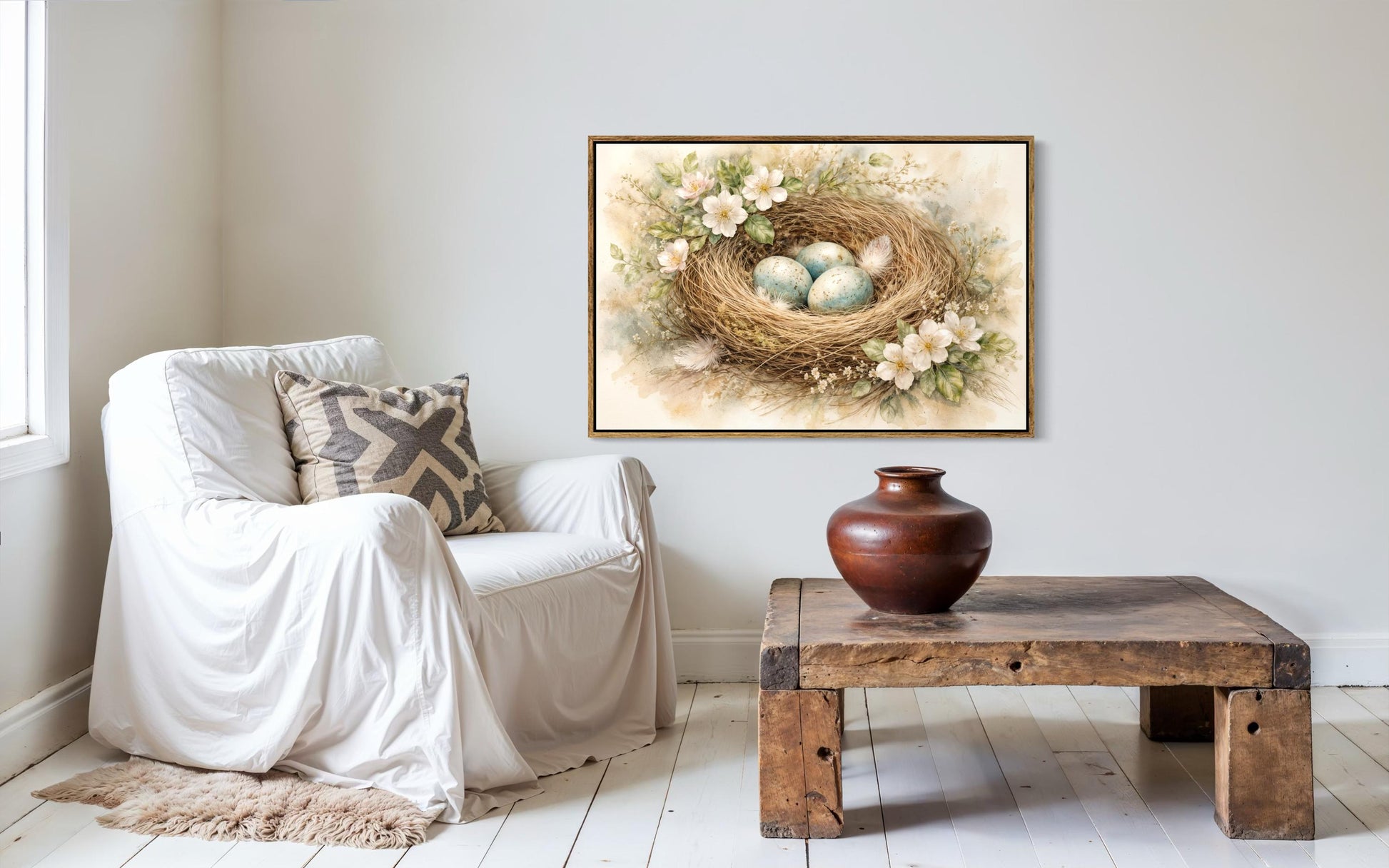 Bird Nest Wall Art – Easter Nest Canvas Print | Soft Pastel Spring Floral Decor