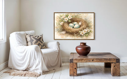 Bird Nest Wall Art – Easter Nest Canvas Print | Soft Pastel Spring Floral Decor