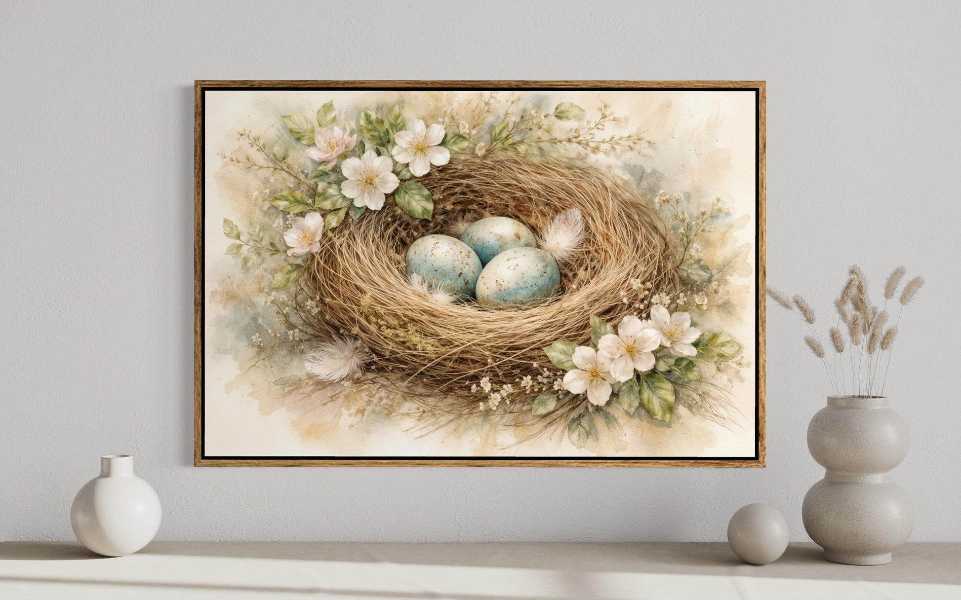 Bird Nest Wall Art – Easter Nest Canvas Print | Soft Pastel Spring Floral Decor