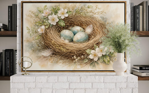 Bird Nest Wall Art – Easter Nest Canvas Print | Soft Pastel Spring Floral Decor