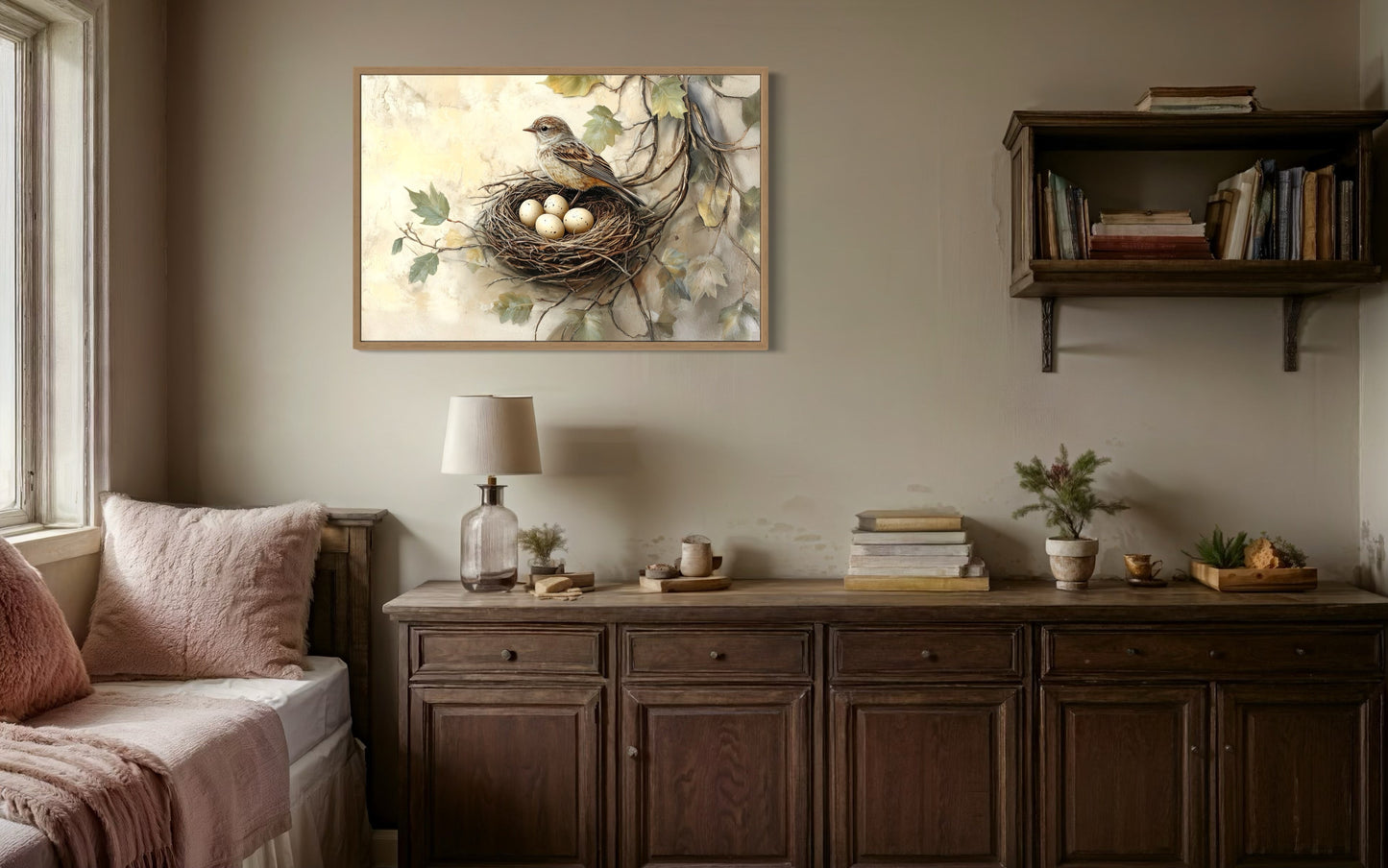 Bird Nest With Eggs and A Bird Rustic Canvas Wall Art